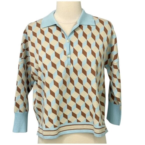 Tuckernuck Clayton Knit Polo Top Light Blue Tan Retro Boxy 3/4 Sleeve Size XS/S - Picture 8 of 8